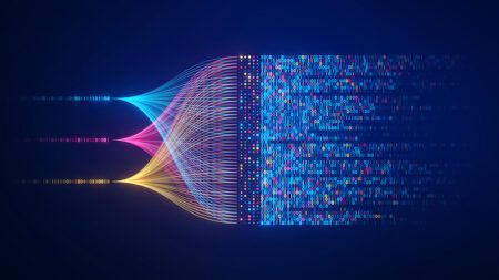 Big data technology and data science illustration. Data flow concept. Querying, analysing, visualizing complex information. Neural network for artificial intelligence. Data mining. Business analytics.