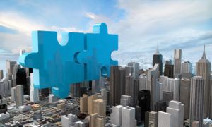 merger and acquisition business concept, join company on puzzle pieces, 3d rendering