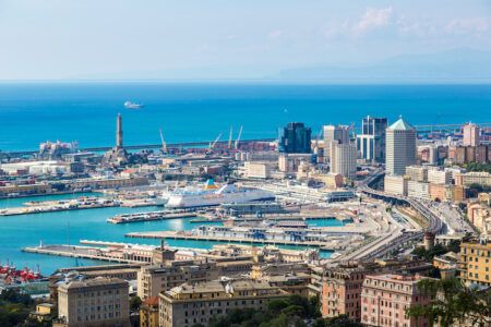 Panoramic view port of Genoa in a summer day, Italy