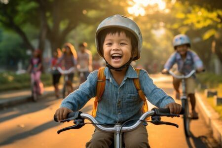 A child boy riding a bicycle for the first time.