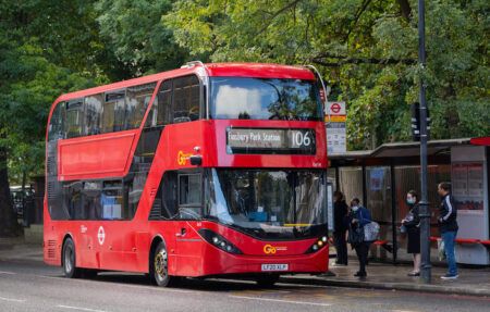 Bus Action Plan. Electric bus on route 106. Stoke Newington. September 2021. NB: NO CONSENT FORMS SIGNED FOR PEOPLE IN PHOTO