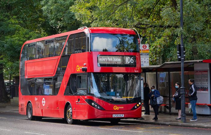 Bus Action Plan. Electric bus on route 106. Stoke Newington. September 2021. NB: NO CONSENT FORMS SIGNED FOR PEOPLE IN PHOTO