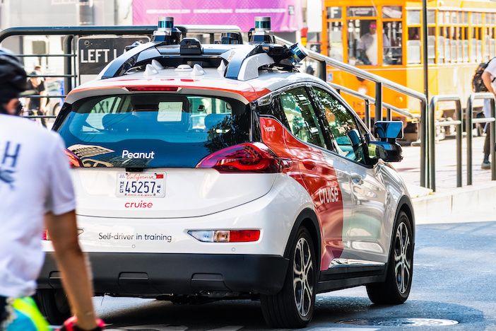 August 21, 2019 San Francisco / CA / USA - Cruise (owned by General Motors) self driving vehicle performing tests on the city streets; The company is using Chevrolet Bolt vehicles