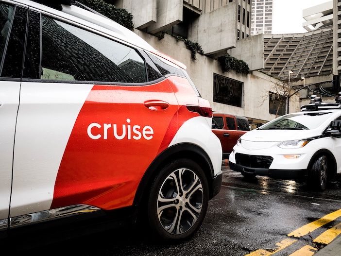 General Motors GM Cruise Automation Autonomous Self Driving Teat Vehicle on Rainy Street in San Francisco California