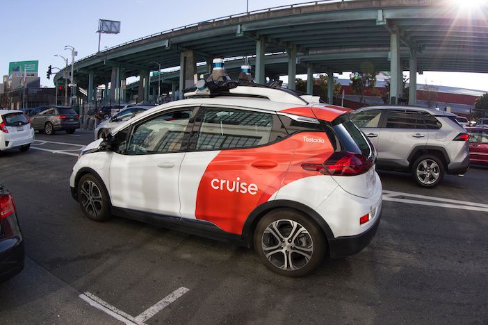 San Francisco, CA, USA - Feb 23, 2020: A Cruise self-driving car undergoing testing in the SoMa District of San Francisco. A subsidiary of GM, Cruise tests and develops autonomous car technology.