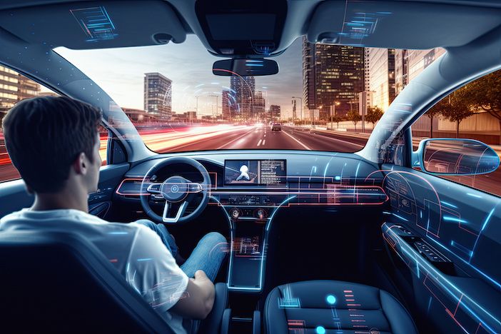 Self-driving autonomous car with relaxed young man sitting at driver seat is driving on busy highway road in the city. ai generative