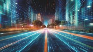 Digital data flow on road with motion blur to create vision of fast speed transfer .