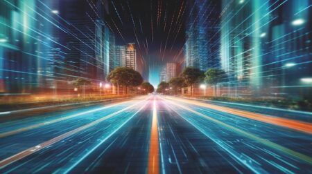 The Floow wins global road safety data accreditation Digital data flow on road with motion blur to create vision of fast speed transfer .