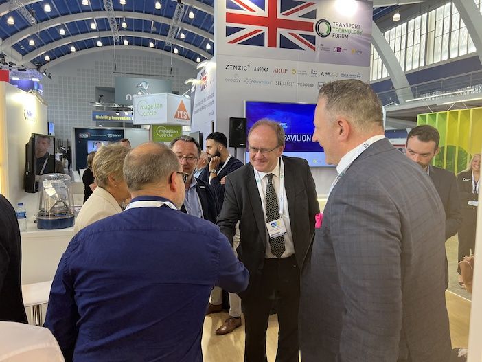 Britain's ambassador to Portugal, Chris Sainty, visiting the UK Pavilion at the ITS European Congress in Lisbon, 2023