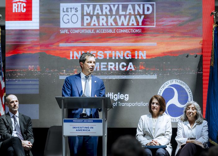 Pete Buttigieg speaking at the groundbreaking ceremony for new BRT bus rapid transit in Las Vegas