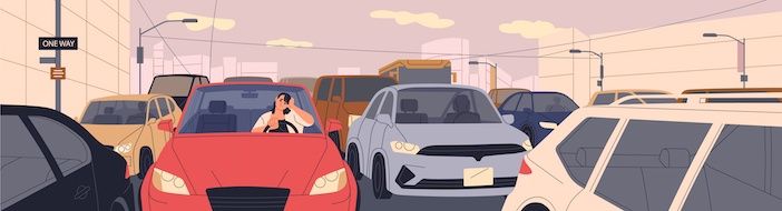 Traffic jam, rush hour problem in city. Sad driver stuck in car on busy road on way from work. Auto transport congestion. Slow speed driving, braking, waiting in automobile. Flat vector illustration.