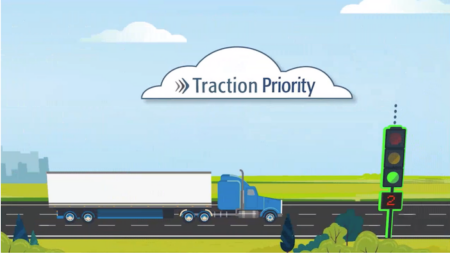 Illustration showing truck being prioritised at traffic signal using V2x