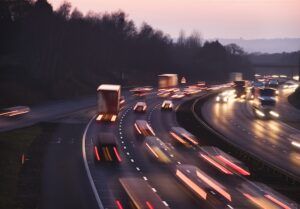 Busy traffic looking west at dusk on the M42 Motorway. Shot from Junction 3, the A435 junction, just south of Birmingham.