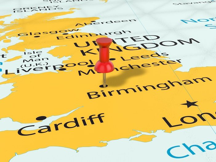 Pushpin on Birmingham map background. 3d illustration.