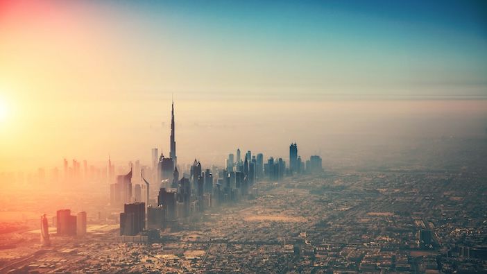 Aerial view of Dubai at sunset