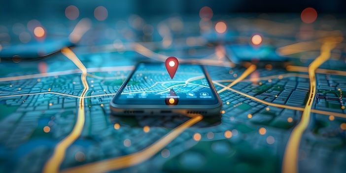 Digital handsets on map show technology integration in GPS for delivery services. Concept Technology Integration, GPS Tracking, Delivery Services, Digital Handsets, Logistic Solutions