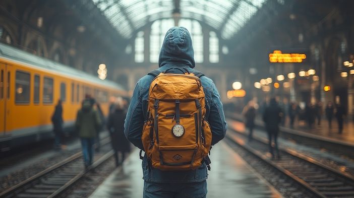 Traveler in a hoodie and backpack waits at a bustling train station platform, surrounded by blurred commuters and trains.