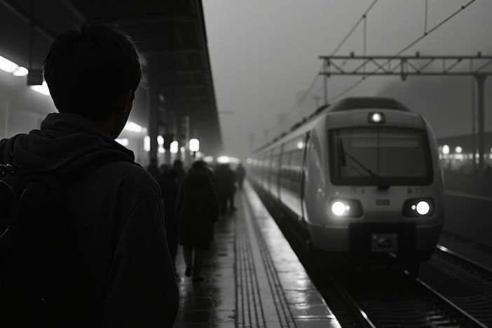 A man standing at a train station waiting for a train