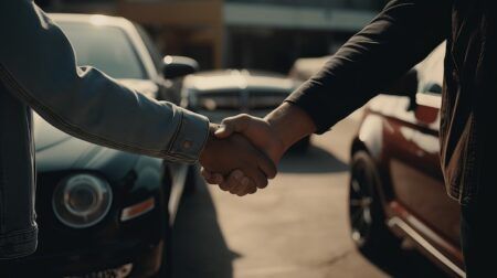 Two men shaking hands in a parking lot, car showroom. AI generated illustration