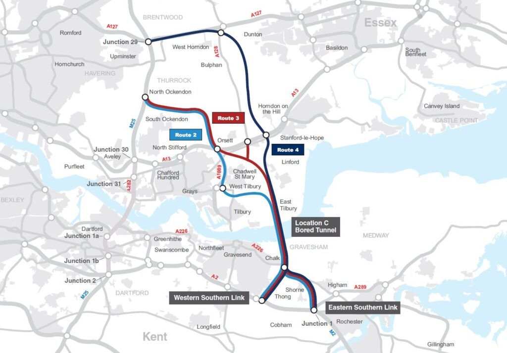 Map detailing possible routes for the Lower Thames crossing