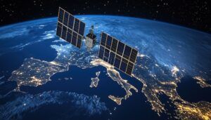 A satellite in space over Europe, connecting dots on the Earth's surface to represent a global network