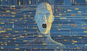 Stylized illustration of the Scream painting by Edvard Munch featuring screaming head and a circuit board background
