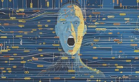 Stylized illustration of the Scream painting by Edvard Munch featuring screaming head and a circuit board background