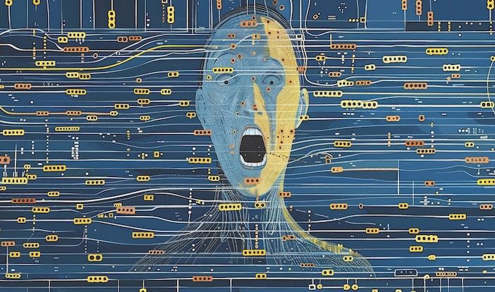 Stylized illustration of the Scream painting by Edvard Munch featuring screaming head and a circuit board background
