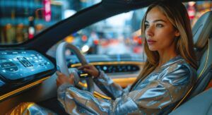 Woman at the wheel of a futuristic car