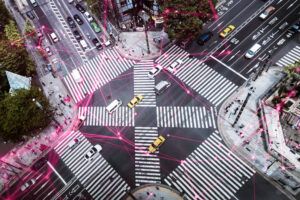 Aerial view of pedestrian crossing, Tokyo, Japan