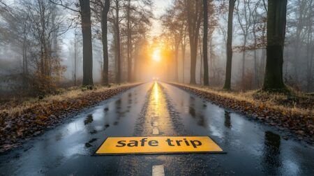 Driving Through Foggy Autumn Forest Road at Sunrise with Caution Signs