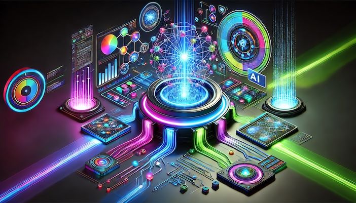 3D futuristic representation of circuitboards and screens in abstract format