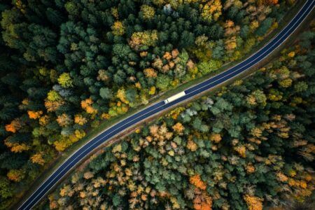 Aerial view of a curved highway cutting through dense autumn forest, with colorful fall foliage in shades of green, yellow, orange, and red trees surrounding the dark asphalt road.