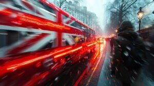 Busy city - bus passing by with the British Union Jack on the side of bus - motion blur effect - fractal pattern effect - abstract art illustration