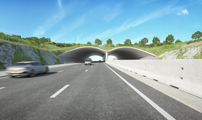 Driver's view approaching a tunnel like bridge on a new road