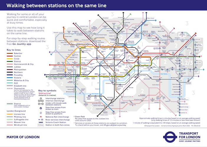 London Underground map showing walking distances between stations
