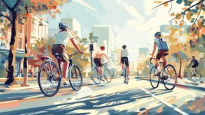 Illustration of cyclists riding bicycles along city roads, capturing the diversity and vibrancy of urban transportation and leisure activities