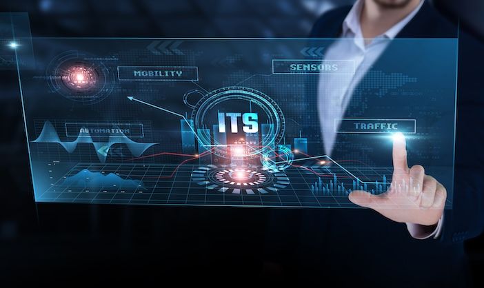 Intelligent Transportation Systems (ITS): Traffic management, autonomous vehicles, safety monitoring, route optimization. Businessman analyzing ITS progress chart on digital interface.
