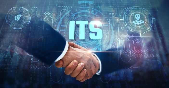 ITS (Intelligent Transportation Systems): Businessman handshake on digital interface and optimizing traffic flow, smart signaling, real-time data, vehicle tracking, global network.