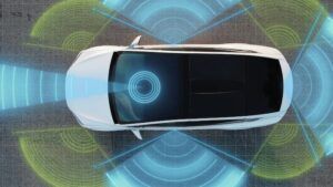 Top-down view of a white car surrounded by blue radar-like waves representing 360-degree sensor coverage for autonomous driving or advanced driver-assistance systems (ADAS)