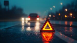 Reflective triangle warning sign on wet road at night, with blurred car lights in background, accident safety concept