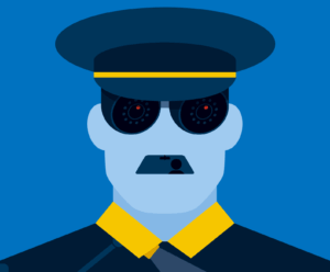 "Stylized illustration of a police officer depicted as a surveillance figure against a blue background. The officer wears a dark blue uniform with yellow collar and a police cap with yellow band. Instead of normal eyes, the figure has large black circular camera lenses with red centers, suggesting automated surveillance or monitoring technology. A yellow police badge is visible on the uniform chest. The illustration uses a flat, geometric art style with simplified shapes and bold colors to convey themes of law enforcement surveillance."