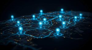 Night time city map with glowing location pins navigation route GPS tracking logistics delivery network distribution system