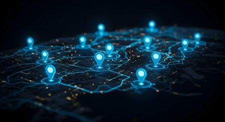 Here Technologies delivers geolocation services with Samsara Night time city map with glowing location pins navigation route GPS tracking logistics delivery network distribution system