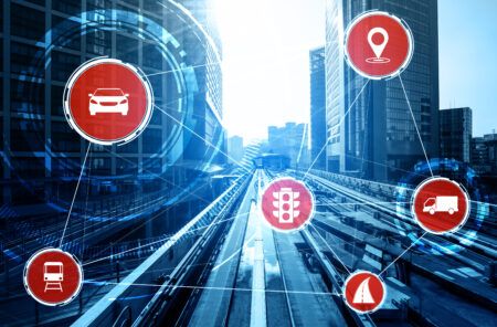 Smart transport technology concept for future car traffic on road . Virtual intelligent system makes digital information analysis to connect data of vehicle on city street