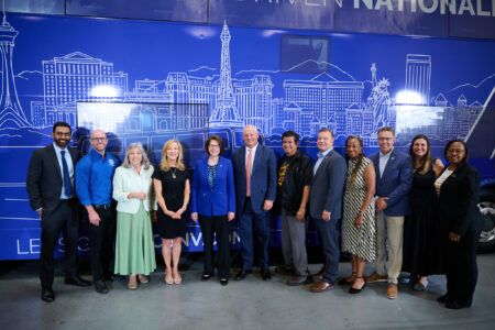 A group picture of RTC CEO M.J. Maynard-Carey; NFI Group president and CEO Paul Soubry; members of Nevada’s federal delegation, including U.S. senator Catherine Cortez Masto (D-NV) and congresswoman Dina Titus (D-NV); and North Las Vegas City councilman and RTC vice chairman Isaac Barron.