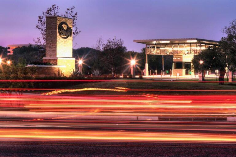 SwRI Front gate at night with a long exposure