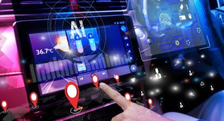 AI smart car dashboard with GPS navigation, digital interface, and futuristic autonomous vehicle technology
