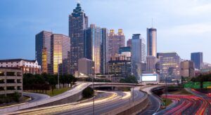 Blurred car lights on the freeway at downtown Atlanta; Georgia; USA