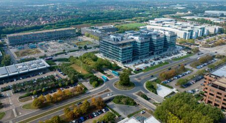Aerial view of Milton Keynes, a city in Buckinghamshire, England